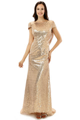 Sundress, Scoop Backless Floor-length Sparkle Sequins Champagne Prom Dresses