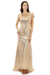 Hoco, Scoop Backless Floor-length Sparkle Sequins Champagne Prom Dresses