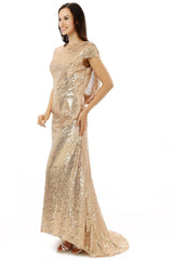 Short Black Dress, Scoop Backless Floor-length Sparkle Sequins Champagne Prom Dresses