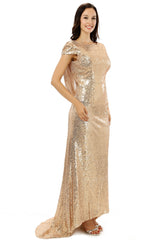 Prom Dresses Long, Scoop Backless Floor-length Sparkle Sequins Champagne Prom Dresses