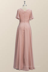 Prom Inspo, Scoop Blush Pink Chiffon A-line Long Bridesmaid Dress