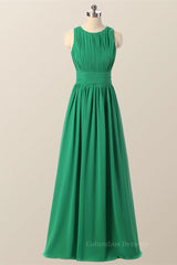 Party Dresses Cheap, Scoop Green Pleated Chiffon A-line Long Bridesmaid Dress