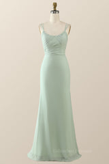 Prom Dress Uk, Scoop Mint Green Chiffon Pleated Long Bridesmaid Dress
