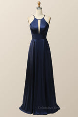 Formal Dresses Lace, Scoop Navy Blue Halter Long Dress with Keyhole