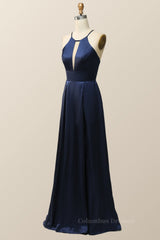 Formal Dress Gown, Scoop Navy Blue Halter Long Dress with Keyhole