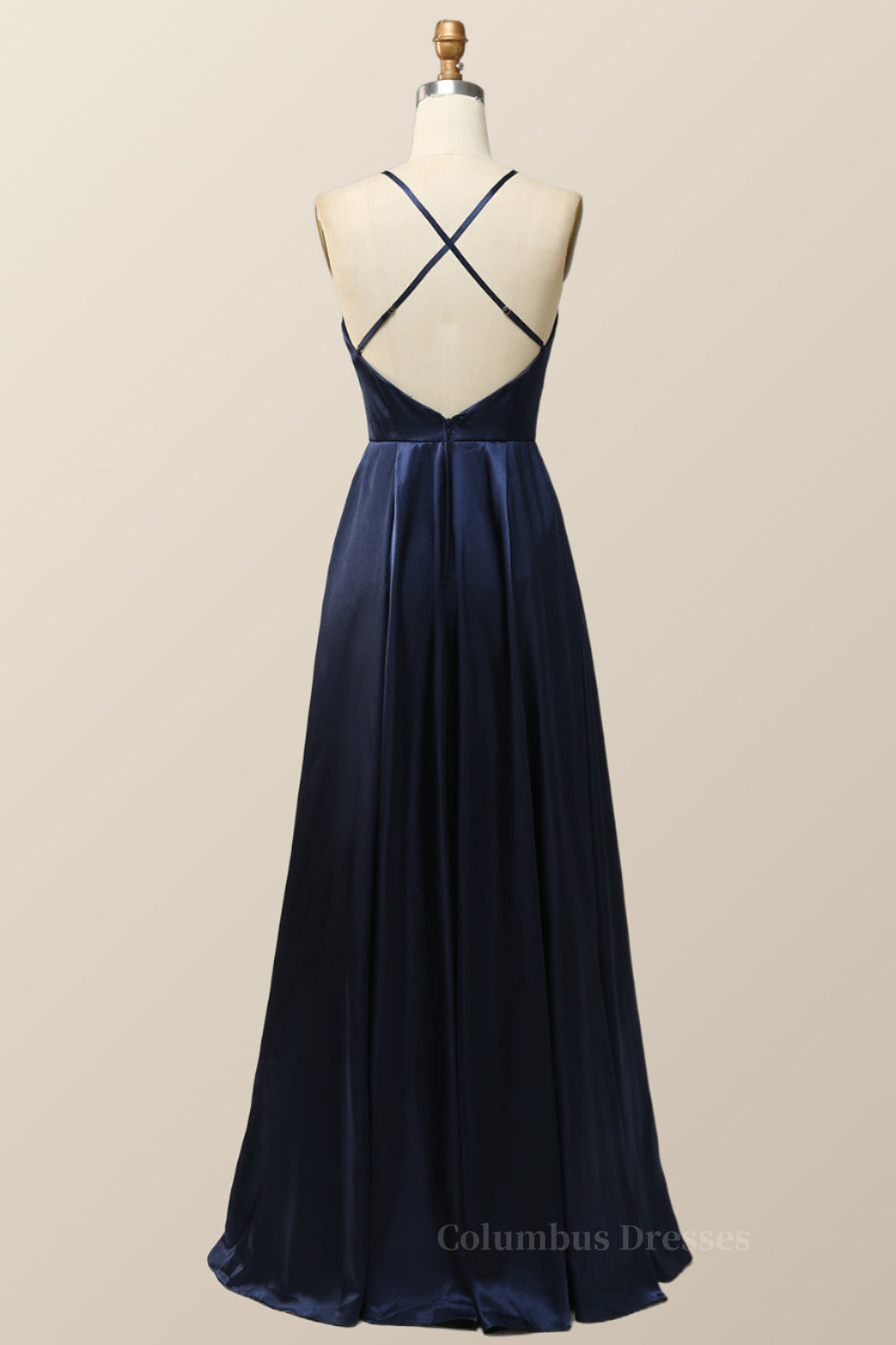 Formal Dresses Gowns, Scoop Navy Blue Halter Long Dress with Keyhole