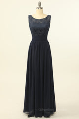 Prom Dress Long, Scoop Navy Blue Lace and Chiffon A-line Long Bridesmaid Dress