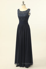 Prom Dresses Ball Gown, Scoop Navy Blue Lace and Chiffon A-line Long Bridesmaid Dress