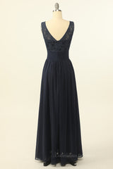 Prom Dresses Vintage, Scoop Navy Blue Lace and Chiffon A-line Long Bridesmaid Dress