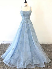Prom Dress Size 47, Scoop Neck Light Blue Backless Lace Prom Dresses, Scoop Neck Blue Lace Formal Evening Dresses