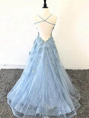 Prom Dresses 2053 Cheap, Scoop Neck Light Blue Backless Lace Prom Dresses, Scoop Neck Blue Lace Formal Evening Dresses