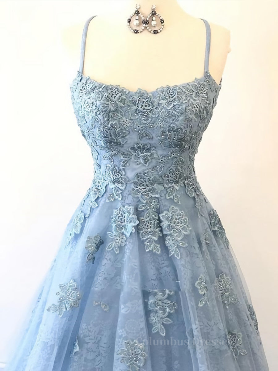 Prom Dresses Princess Style, Scoop Neck Light Blue Backless Lace Prom Dresses, Scoop Neck Blue Lace Formal Evening Dresses