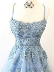 Prom Dress Princess Style, Scoop Neck Light Blue Backless Lace Prom Dresses, Scoop Neck Blue Lace Formal Evening Dresses