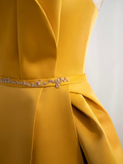 Prom Dresse Princess, Scoop Neckline Satin Yellow Long Prom Dresses, Yellow Formal with Beading Sequin
