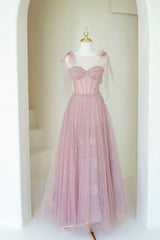Party Dress For Couple, Scoop Neckline Tulle Pink Long Prom Dress, Cute A-Line Evening Party Dress