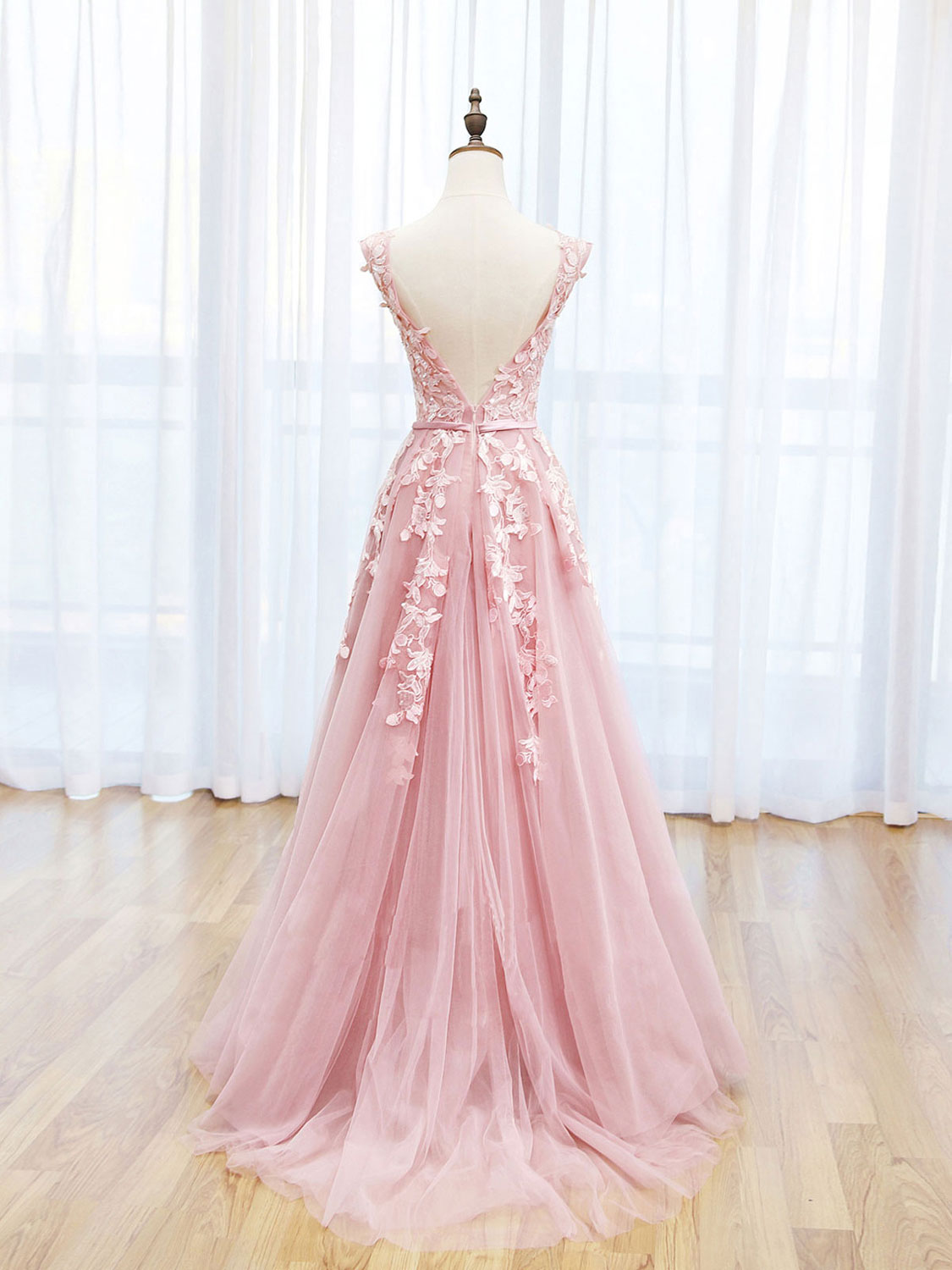 Prom Dresses Shopping, Scoop Neckline Tulle Pink Long Prom Dress, Pink Backless Evening Dresses