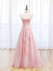 Prom Dresses Shop, Scoop Neckline Tulle Pink Long Prom Dress, Pink Backless Evening Dresses