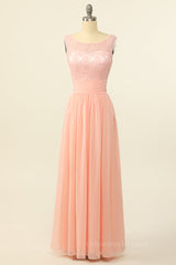 Bridesmaid Dress Designer, Scoop Pink Lace and Tulle A-line Long Bridesmaid Dress
