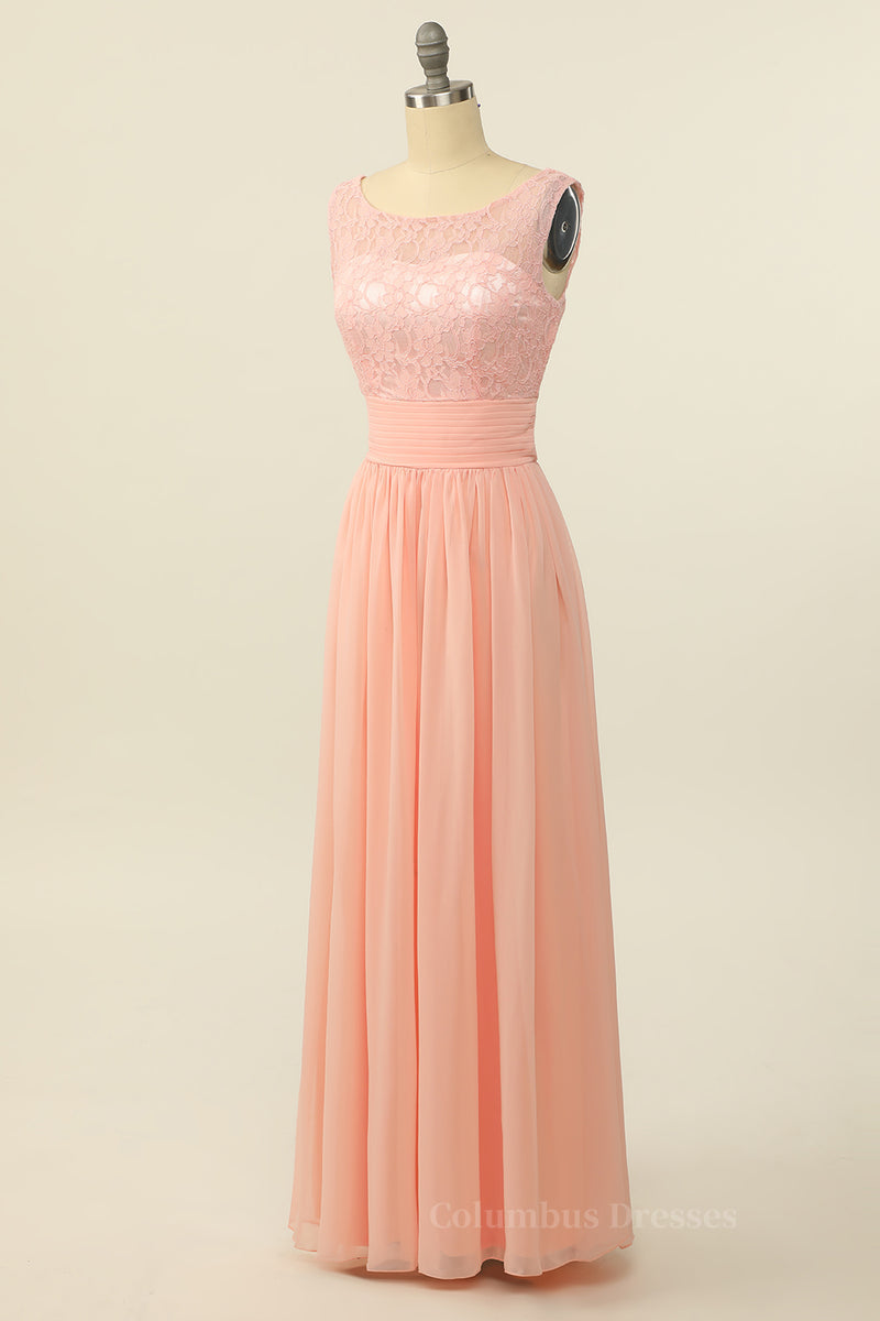 Bridesmaid Dress Design, Scoop Pink Lace and Tulle A-line Long Bridesmaid Dress