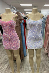 Bridesmaid Dress Chiffon, Scoop Pink Sequin Tight Mini Party Dress