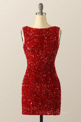 Bridesmaid Dressing Gown, Scoop Red Sequin Tight Mini Dress with Cowl Back