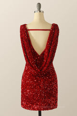 Bridesmaid Dress Gown, Scoop Red Sequin Tight Mini Dress with Cowl Back