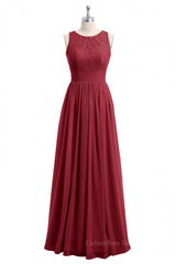 Satin Bridesmaid Dress, Scoop Wine Red A-line Lace and Chiffon Long Bridesmaid Dress