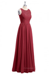 Wedding Party Dress, Scoop Wine Red A-line Lace and Chiffon Long Bridesmaid Dress