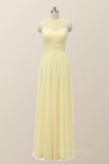Casual Gown, Scoop Yellow Chiffon Pleated Long Bridesmaid Dress