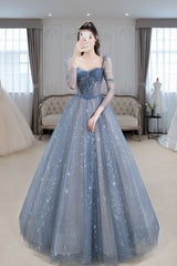 Formal Dress Vintage, Blue Sparkly Tulle Prom Dress with Long Sleeves, New Style Long Dress with Beading