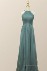 Party Dress Style Shop, Sea Glass Tulle Bridesmaid Dress with Cross Back