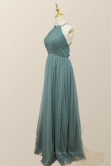 Party Dress In Store, Sea Glass Tulle Bridesmaid Dress with Cross Back
