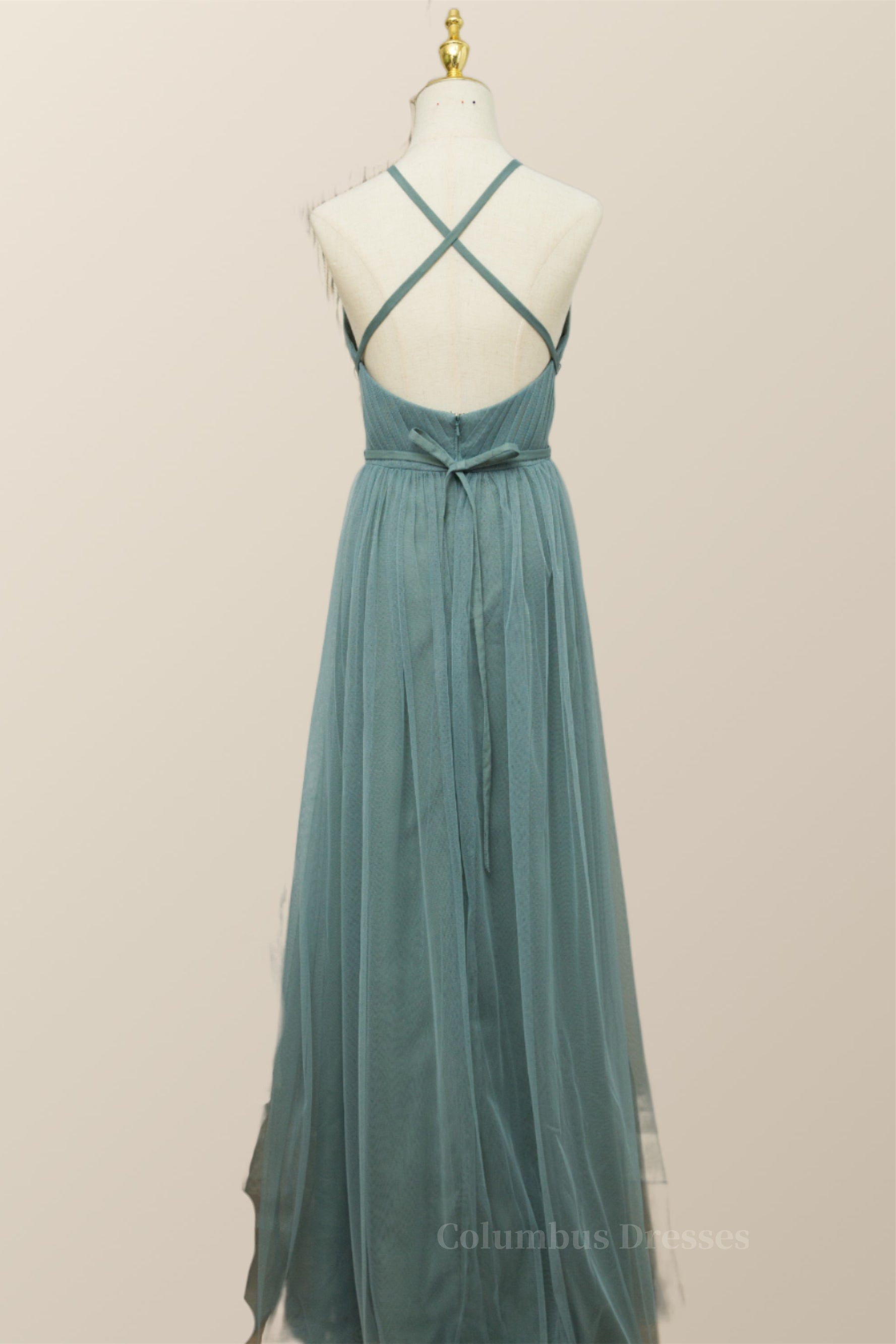 Party Dresses In Store, Sea Glass Tulle Bridesmaid Dress with Cross Back