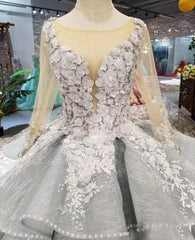 Wedding Dresses Beach, Gorgeous Lace Appliques Tulle Long Sleeves Monarch Train Ball Gown Wedding Dresses