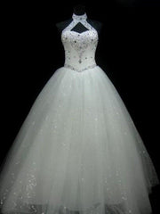 Wedding Dress With Covered Back, Sequin Ball Gown Sleeveless Floor Length Beading Tulle Halter Wedding Dresses