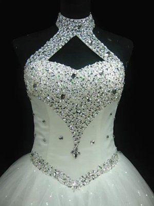 Wedding Dress Beautiful, Sequin Ball Gown Sleeveless Floor Length Beading Tulle Halter Wedding Dresses