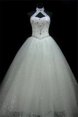 Wedding Dresses Ideas, Sequin Ball Gown Sleeveless Floor Length Beading Tulle Halter Wedding Dresses