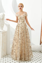 Prom Dresses Inspiration, Sequined V Neck A Line Off Shoulder Strap Long Floor Length Prom Dresses
