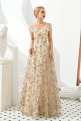 Prom Dress Inspirational, Sequined V Neck A Line Off Shoulder Strap Long Floor Length Prom Dresses