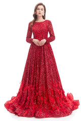 Prom Dress Idea, Sequins Long Sleeve Feather A-line Floor Length Prom Dresses