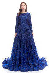 Prom Dress Fabric, Sequins Long Sleeve Feather A-line Floor Length Prom Dresses