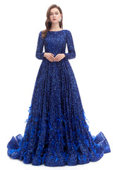 Prom Dresses Boutique, Sequins Long Sleeve Feather A-line Floor Length Prom Dresses