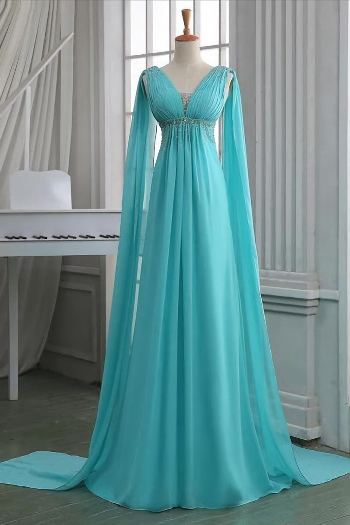 Prom Dress Near Me, Sequins Ruched V Neck Empire Prom Dress, Turquoise Floor Length Sweep Train Prom Dress, Unique Lace-up Long Chiffon Prom Dress