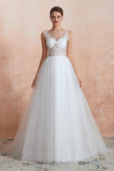Wedding Dresses Girls, Sequins White Tulle Affordable Wedding Dresses with Appliques