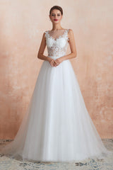 Wedding Dress Girls, Sequins White Tulle Affordable Wedding Dresses with Appliques