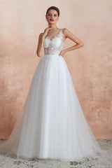 Wedding Dress Girl, Sequins White Tulle Affordable Wedding Dresses with Appliques