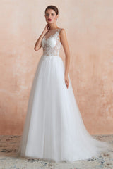 Wedding Dresses Girl, Sequins White Tulle Affordable Wedding Dresses with Appliques