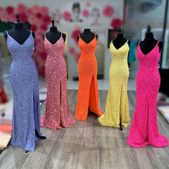 Bridesmaid Dresses Mismatched Spring Colors, Mermaid Yellow Sequins Long Prom Dress with Slit
