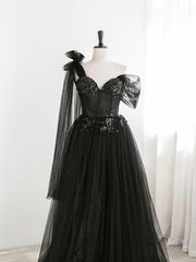 Evenning Dress For Wedding Guest, Sexy Black One Shoulder Tulle Sweetheart Sequins Party Dress, Black Evening Gown