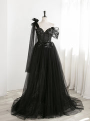 Evening Dresses Floral, Sexy Black One Shoulder Tulle Sweetheart Sequins Party Dress, Black Evening Gown